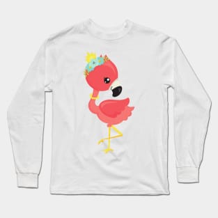 Princess Flamingo, Flowers, Crown, Cute Flamingo Long Sleeve T-Shirt